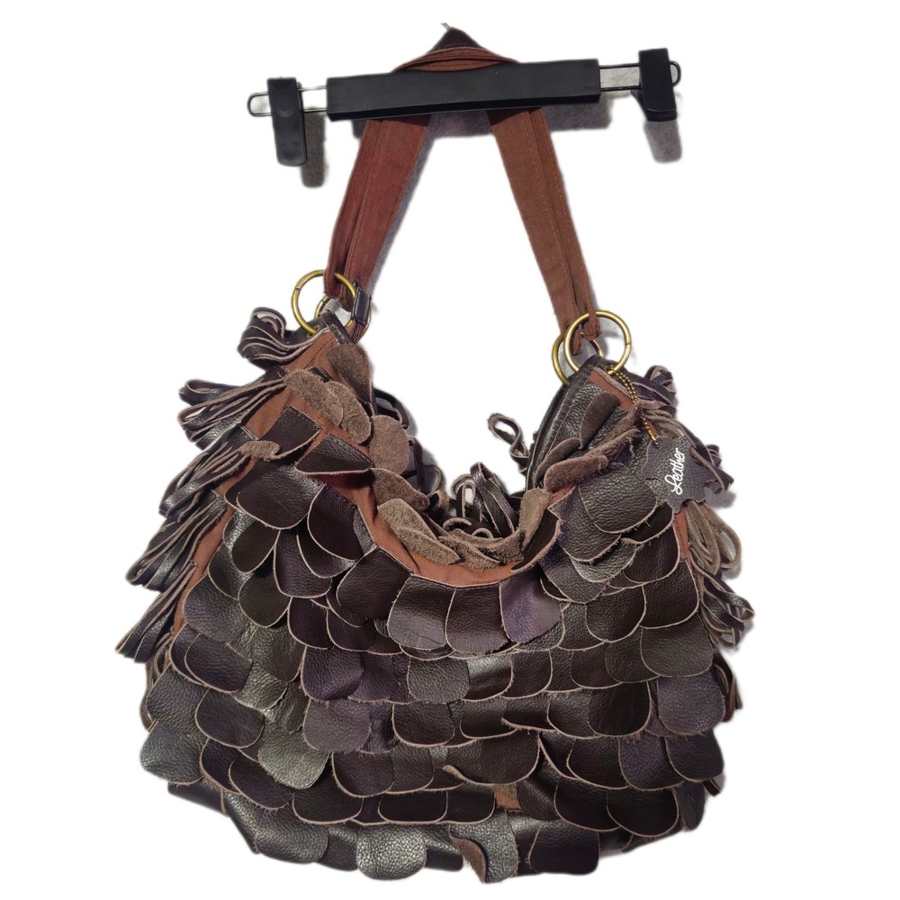 Unbranded Womens Leather Fringe Hobo Bag Large Brown Scalloped Shag Shoulder Bag